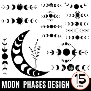 Lot de 15 Phases de lune Svg, Svg céleste mystique, c'est juste une phase Svg, croissant de lune Svg, fichier de coupe pour Cricut, Silhouette, PNG, DXF