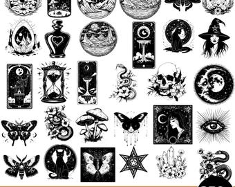 250 以上の神秘的な PNG、バンドル、魔女の天体、タロット カード、神秘的な猫、魔女、蝶、キノコ、クリスタル、花、デジタル ダウンロード