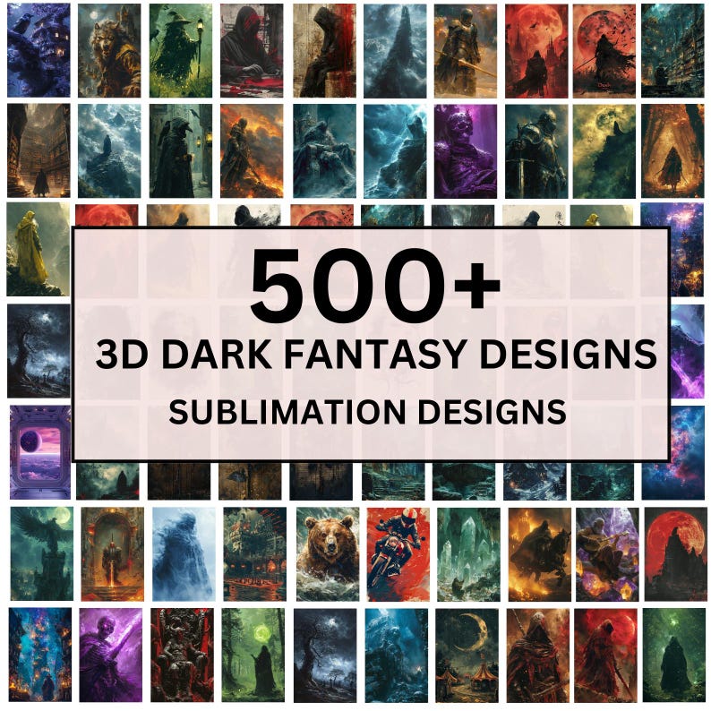 Pode incluir: Uma colagem de mais de 500 designs de sublima&ccedil;&atilde;o 3D de fantasia escura. Os designs apresentam uma variedade de temas de fantasia escura, incluindo criaturas, paisagens e personagens. Os designs s&atilde;o perfeitos para criar produtos &uacute;nicos e atraentes.