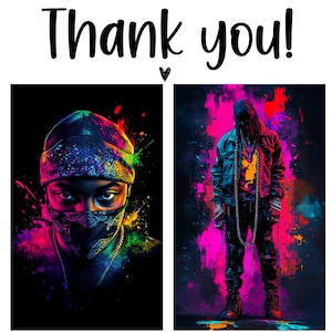 Op de afbeelding: Twee digitale kunstportretten van mensen met kleurrijke verfspatten erachter. De persoon links draagt ​​een zwarte bandana en een zwarte beanie. De persoon rechts draagt ​​een zwart jack en jeans.
