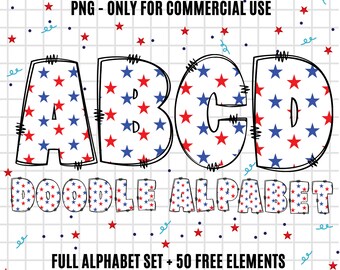 May include: A set of red, white and blue alphabet letters with a star pattern. The letters are outlined in black and have a stitched look. The text "DOODLE ALPHABET" is below the letters. The text "FULL ALPHABET SET + 50 FREE ELEMENTS" is below the letters.