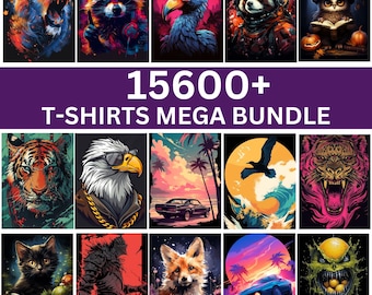 May include: A collection of 1560+ t-shirt designs featuring a variety of colorful and creative illustrations. The designs include animals, cartoon characters, and abstract patterns.