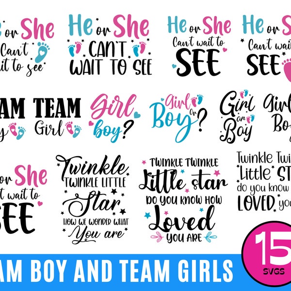 Gender reveal team boy team girl svg, He or She Can't Wait to see svg, Twinkle Twinknle little star svg, Team Boy, Team Girl, Svg Bunde, Png