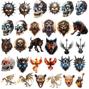 May include: A collection of 30 digital illustrations featuring various skull, animal, and fantasy designs. The illustrations are in a dark and edgy style, with many featuring flames, metal, and other gothic elements.