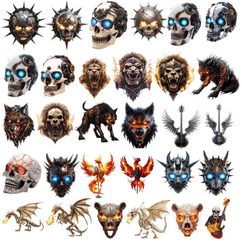 May include: A collection of 30 digital illustrations featuring various skull, animal, and fantasy designs. The illustrations are in a dark and edgy style, with many featuring flames, metal, and other gothic elements.