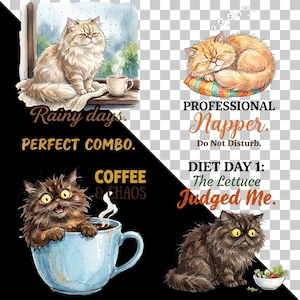 May include: A digital illustration featuring four cat scenes with text: a fluffy cat by a rainy window with a coffee mug, a sleeping orange cat on a striped cushion, a dark cat inside a blue coffee mug, and a dark cat beside a small bowl of lettuce.