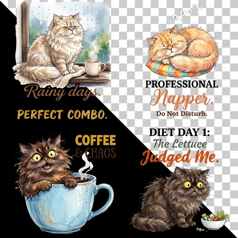 May include: A digital illustration featuring four cat scenes with text: a fluffy cat by a rainy window with a coffee mug, a sleeping orange cat on a striped cushion, a dark cat inside a blue coffee mug, and a dark cat beside a small bowl of lettuce.