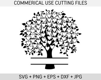 May include: Black and white silhouette of a family tree with hearts for leaves. The tree has a blank banner for names. SVG, PNG, EPS, DXF, and JPG files are included.