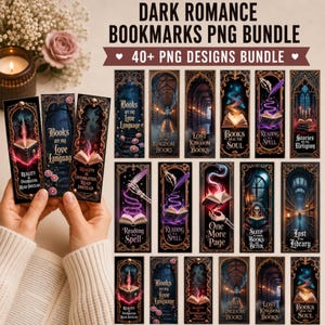 Könnte beinhalten: Ein digitales Paket mit über 40 Lesezeichen im Dark-Romance-Stil, die gotische Illustrationen von Bibliotheken, aufgeschlagenen Büchern mit magischen Leuchteffekten, Totenköpfen und Skeletten zeigen. Der Text enthält Phrasen wie 'Books are my Love Language', 'Reading is a Spell' und 'Reality is Overrated, Read Instead'.