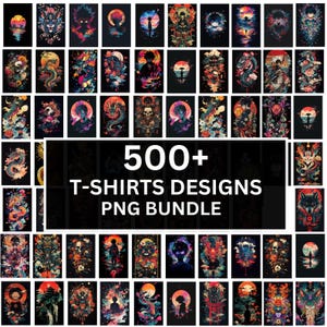 Plus de 500 t-shirts au format PNG, coucher de soleil rétro, paysages naturels et personnages d'anime populaires, téléchargement numérique
