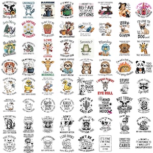 Puede incluir: Colección de pegatinas humorísticas con varios diseños y frases. Incluye imágenes de animales, comida y citas como "No soy vago, soy eficiente energéticamente" y "No seas un cact-ass."