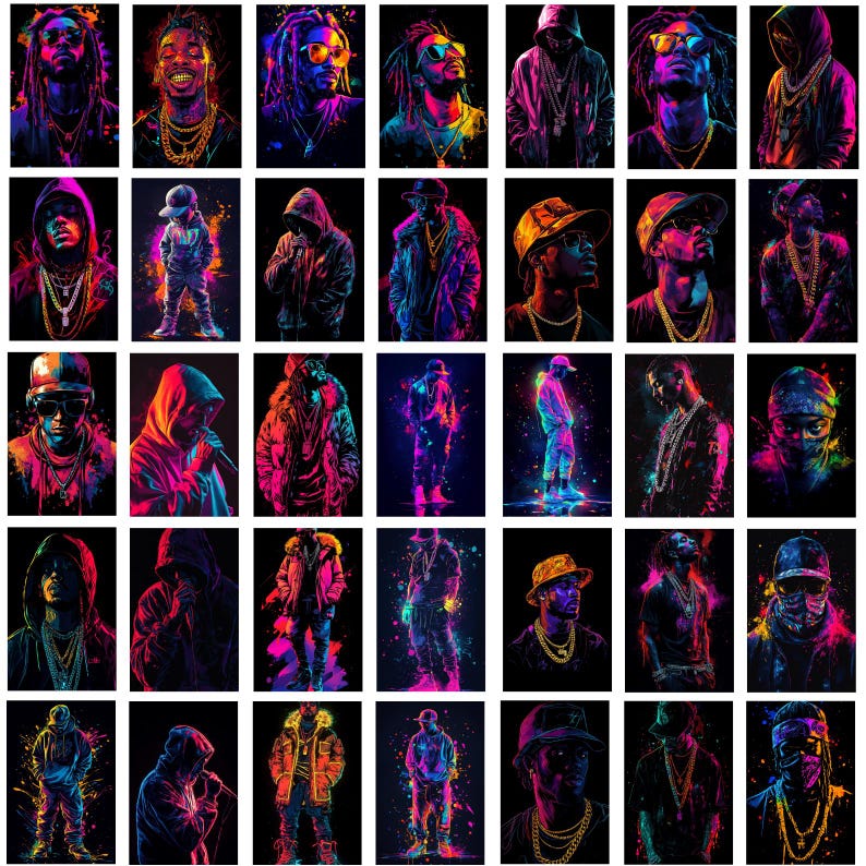 Op de afbeelding: Een digitale collage van 36 afbeeldingen met mensen met neon- en kleureffecten. Elke afbeelding toont een persoon in een andere pose en met een andere uitdrukking. De afbeeldingen zijn in een raster gerangschikt.