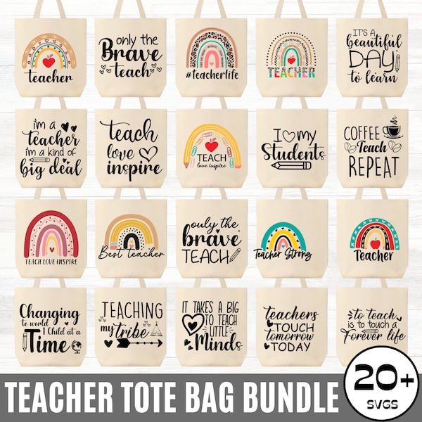 Leraar Tote Bag Svg Bundel, Leraren Quotes svg, Boho Rainbow Teacher Svg, Funny Tote Bag Sayings, Canvas Tote Bag Cut-bestanden voor cricut