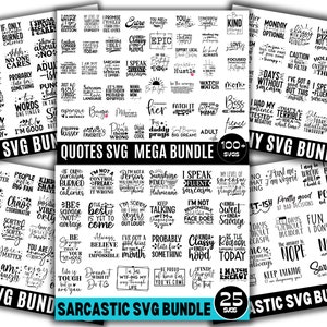 K&ouml;nnte beinhalten: Eine Sammlung von 25 schwarzen und wei&szlig;en SVG-Dateien mit sarkastischen Zitaten. Die Zitate beinhalten S&auml;tze wie "Ich spreche flie&szlig;end Sarkasmus", "Wahrscheinlich zu sp&auml;t f&uuml;r etwas", und "Ich bin nicht verantwortlich f&uuml;r das, was dein Gesicht tut, wenn du sprichst".