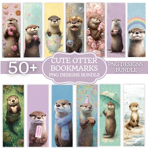 May include: A collection of colorful otter-themed bookmarks. The bookmarks feature various illustrations of otters with donuts, cupcakes, and other accessories. Text on the image reads "50+ Cute Otter Bookmarks PNG Designs Bundle."