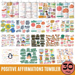 Positive Affirmations Tumbler Wrap Bundle, Bleiben Sie positive Designs PNG, Lieben Sie sich selbst, 20 Unzen Skinny Tumbler, Inspirational Sublimation PNG