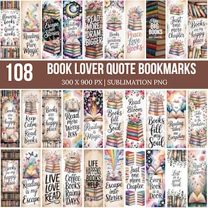 May include: A collection of 108 vertical bookmarks featuring watercolor illustrations of stacked books, flowers, stars, and rainbows. Each bookmark includes unique literary quotes such as Reading is Pure Magic, Books are my happy place, and Escape into Stories.