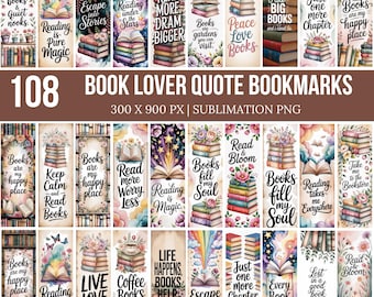 Pacchetto di 108 segnalibri con citazioni per amanti dei libri, citazioni sulla lettura in formato PNG, segnalibri stampabili, regali per lettori accaniti, immagini PNG per lettori, download digitale.