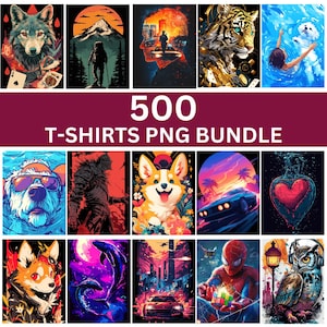 May include: A collection of 500 T-shirt designs featuring a variety of colorful and creative illustrations. The designs include animals, landscapes, abstract patterns, and more.