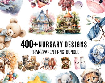 400+ Nursery Clipart Bundle, Teddy Bear Clipart, Animals Clipart PNG, Watercolor Boho Baby Clipart, Moon, Stars, Clouds, Baby Shower Clipart