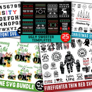 May include: A digital download bundle of 30 SVG files featuring a firefighter theme. The designs include thin red lines, firefighter helmets, and phrases like "First In Last Out" and "My Heart Belongs to a Firefighter".