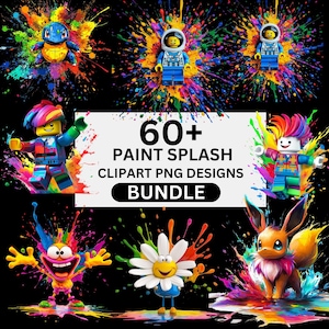 60+ Paint Splash Clipart PNG Designs Bundle, Cartoon Characters Splash Art, Vibrant Digital Art Designs, Creative PNG Graphics for Crafts
