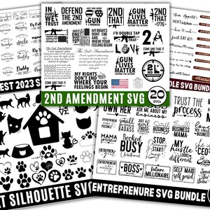 May include: A digital download of 25 SVG files featuring cat silhouettes, entrepreneur-themed quotes, and 2nd Amendment-themed designs. The designs are in black and white and are perfect for crafting projects.
