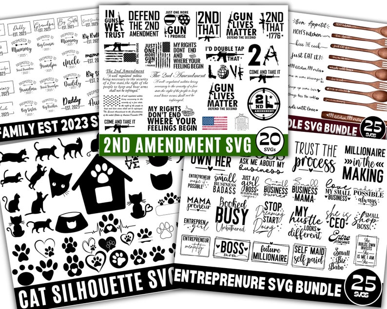 May include: A digital download of 25 SVG files featuring cat silhouettes, entrepreneur-themed quotes, and 2nd Amendment-themed designs. The designs are in black and white and are perfect for crafting projects.