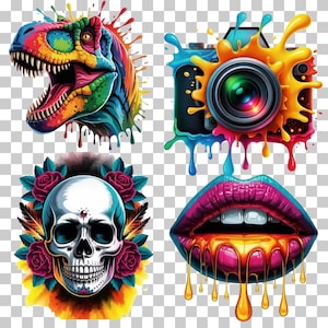 May include: A collection of four colorful graphic illustrations. Includes a rainbow-colored dinosaur head, a camera with paint splatter, a skull with roses, and dripping lips. Each design features vibrant colors and a unique artistic style.