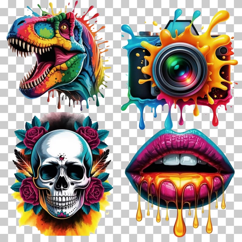 May include: A collection of four colorful graphic illustrations. Includes a rainbow-colored dinosaur head, a camera with paint splatter, a skull with roses, and dripping lips. Each design features vibrant colors and a unique artistic style.