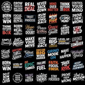 Puede incluir: Un fondo negro muestra numerosos diseños de texto blancos y de colores con citas motivacionales. Las frases incluyen "Born to Win", "Think Outside the Box" y "Make it Happen". El tema general es inspirador y motivador.