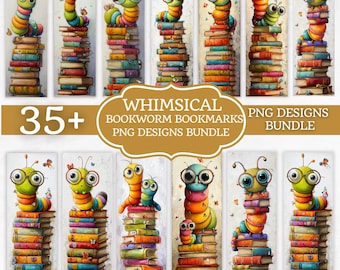 Cute Whimsical Bookworm Bookmarks, Printable Bookmark PNG, Kids Reading Craft, Bookmark Gift Idea, Fun Bookmark Sublimation Designs