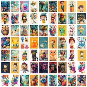 May include: A colorful collage of illustrations featuring various characters, animals, and abstract designs. The images are vibrant and whimsical, with a mix of cartoonish and realistic styles.