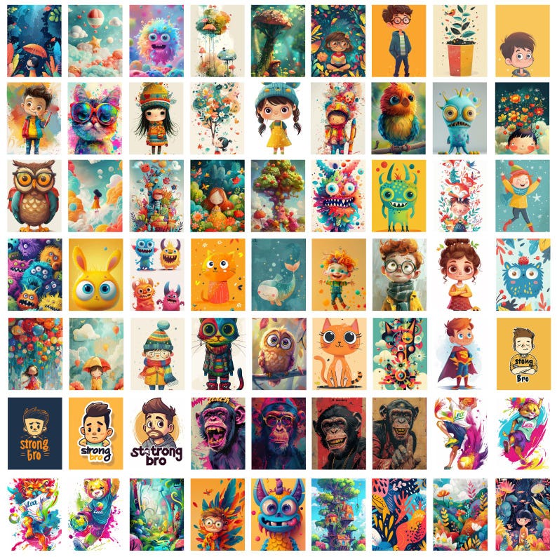 May include: A colorful collage of illustrations featuring various characters, animals, and abstract designs. The images are vibrant and whimsical, with a mix of cartoonish and realistic styles.