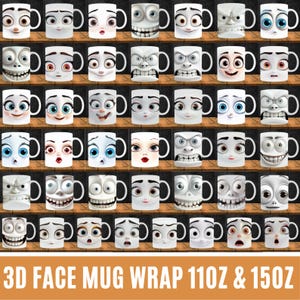 3D lustige Gesichter Becher Wrap Bundle, 11 Unze und 15 Unze Becher Bundle Sublimation, lustiger sarkastischer 3D Becher, lustige Cartoon Gesichter Becher Png, digitaler Download