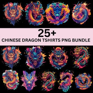 50+ Chinesischer Drache T-Shirt Designs Bündel, Neon Drache Clipart, Drache Kunst, Digitaldrucke, Fantasy Feuerdrache, Sublimation PNG-Dateien