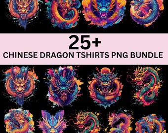 50+ Chinese Dragon T-Shirt Designs Bundle, Neon Dragon Clipart, Dragon Art, Digital Prints, Fantasy Fire Dragon , Sublimation PNG Files