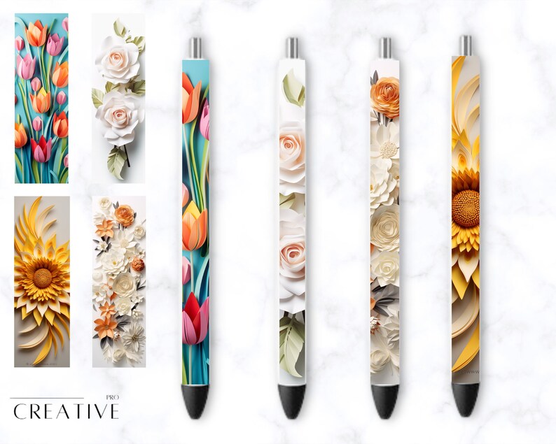 K&ouml;nnte beinhalten: Satz von f&uuml;nf Stiften mit verschiedenen Blumendesigns. Die Designs umfassen Tulpen, Rosen und Sonnenblumen. Die Stifte sind wei&szlig; mit schwarzen Akzenten und haben eine schwarze Tintenspitze.