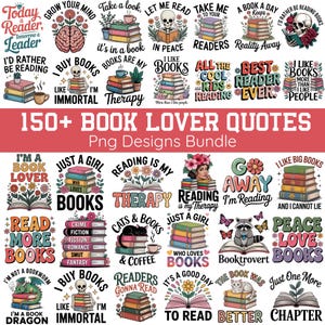 Paquete de más de 150 citas de libros PNG, imágenes prediseñadas de lectura de libros, imágenes PNG de libros florales, diseño colorido de sublimación literaria, imágenes PNG para amantes de los libros, pegatinas para amantes de los libros