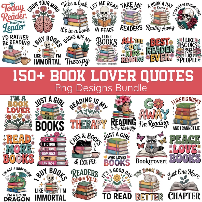 以下が含まれることがあります： 「Read More Books」や「I Like Books」などのフレーズを含む、本をテーマにした引用句とデザインのコレクション。さまざまなフォントとイラストが特徴で、読書好きに最適です。