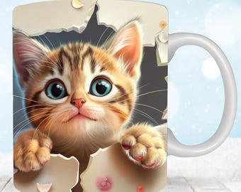 3D Cute Cat Mug Wrap, 11 oz & 15oz Mug Wrap Sublimation Designs, 3D Kitten Hole In A Wall Mug, Cute Cat Mug Press Design