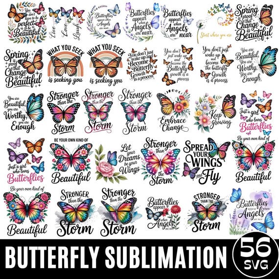 Butterfly PNG Bundle, Inspirational Quotes, Butterfly Png Clipart, Animal Png, Floral Butterfly Png, Printable PNG, Sublimation Designs
