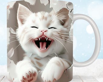 3D Cute Cat Mug Wrap, 11 oz & 15oz Mug Wrap Sublimation Designs, 3D Kitten Hole In A Wall Mug, Cute Cat Mug Press Design