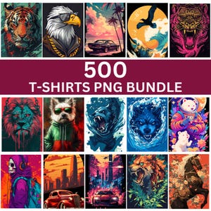 500 T-Shirts Designs Bundle, 3D lustiger Hund, Eule und Löwe T-Shirts PNG, bunte und stilvolle Designs für Kinder, Männer und Frauen, digitaler Download