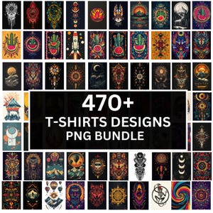 May include: A bundle of over 470 T-shirt designs in PNG format. The designs showcase vibrant illustrations, such as cacti, rockets, wolves, and geometric patterns, set against a black backdrop.