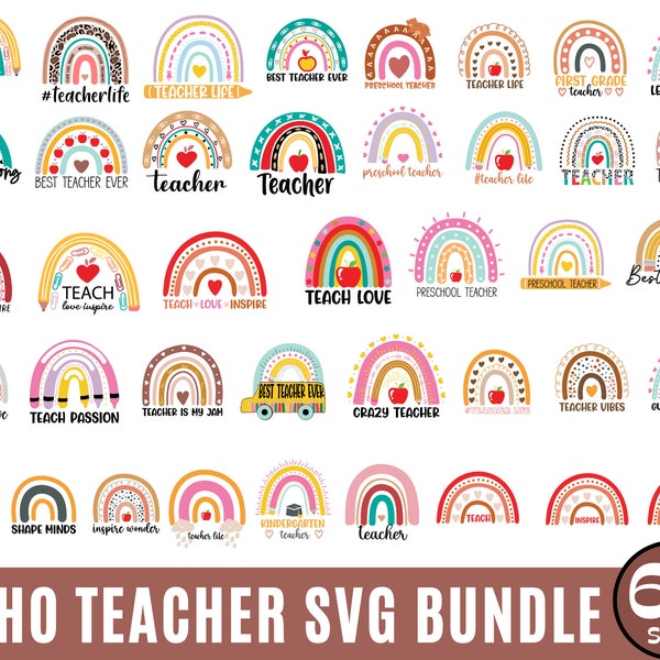 Boho Rainbow Teacher Svg, Teacher Life Svg, Kindergarten Svg, Teacher Love Inspire,  Teacher Quote Svg, teacher vibes svg, best teacher ever