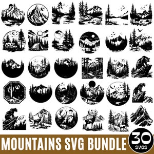 Bergen Svg bundel, landschap Svg, avontuur svg, natuur scène Svg, bos scène Svg, Camping Svg, Pine Tree Svg Png, digitale download