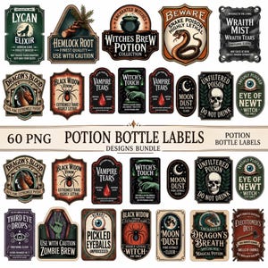 Puede incluir: Una colección de 60 etiquetas para botellas de pociones con diversos temas oscuros y místicos. Las etiquetas incluyen ilustraciones de calaveras, serpientes, arañas, ojos y manos, con textos como Lycan Elixir y Dragon's Blood.