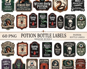 60 Halloween Potion Labels Png Bundle, Printable Witch Potion Bottle Lable, Vintage Clipart Labels Designs, Instant Download