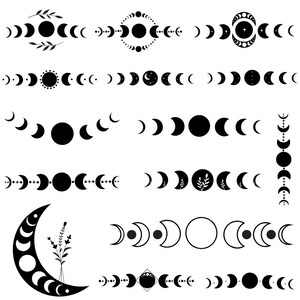 May include: A collection of black and white celestial designs featuring moon phases, crescent moons, and stars. The designs include various arrangements, such as linear patterns and circular motifs, suitable for celestial-themed crafts or decor.